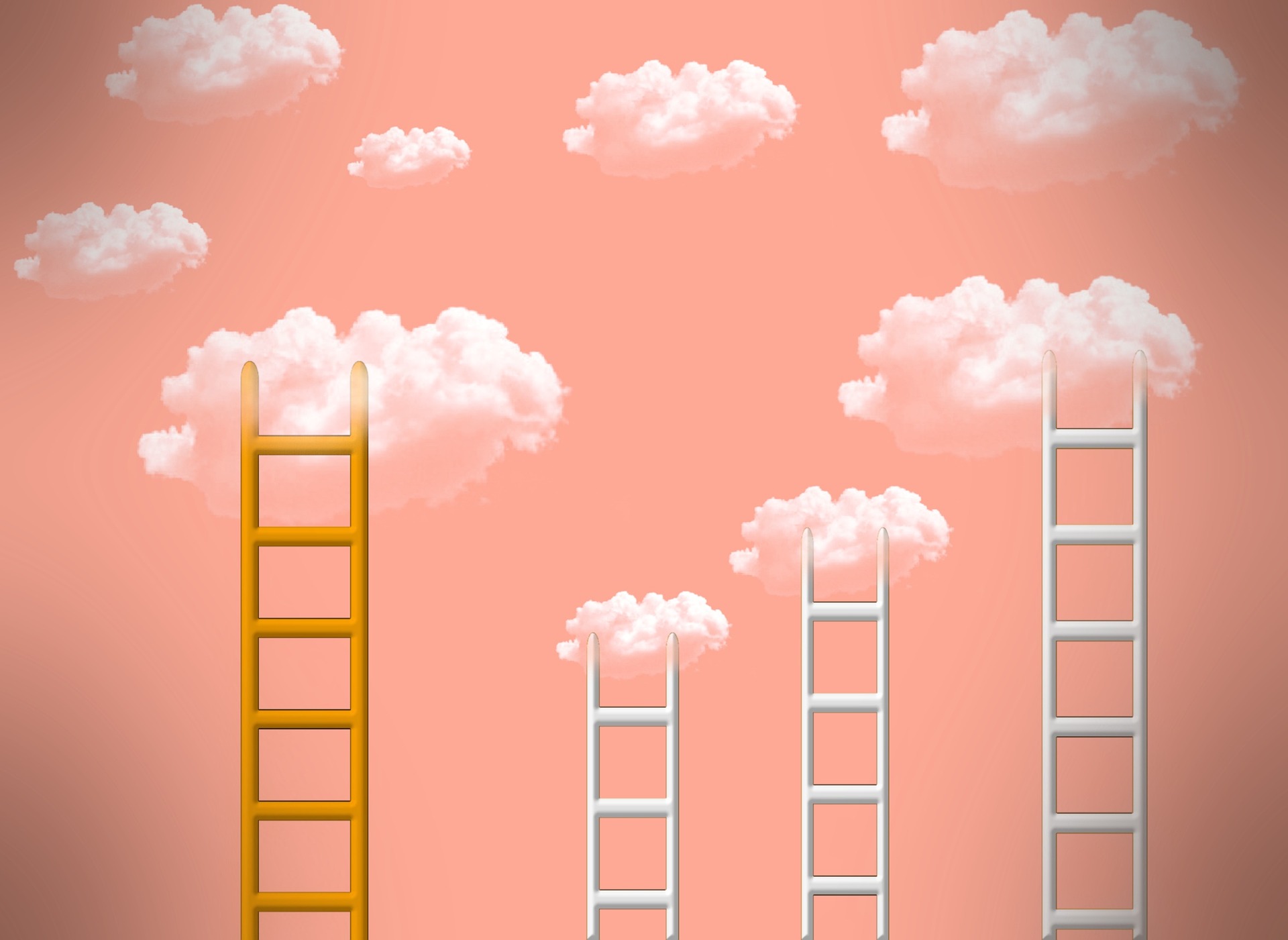 Four ladders at varying heights standing vertical against a pink cloud sky