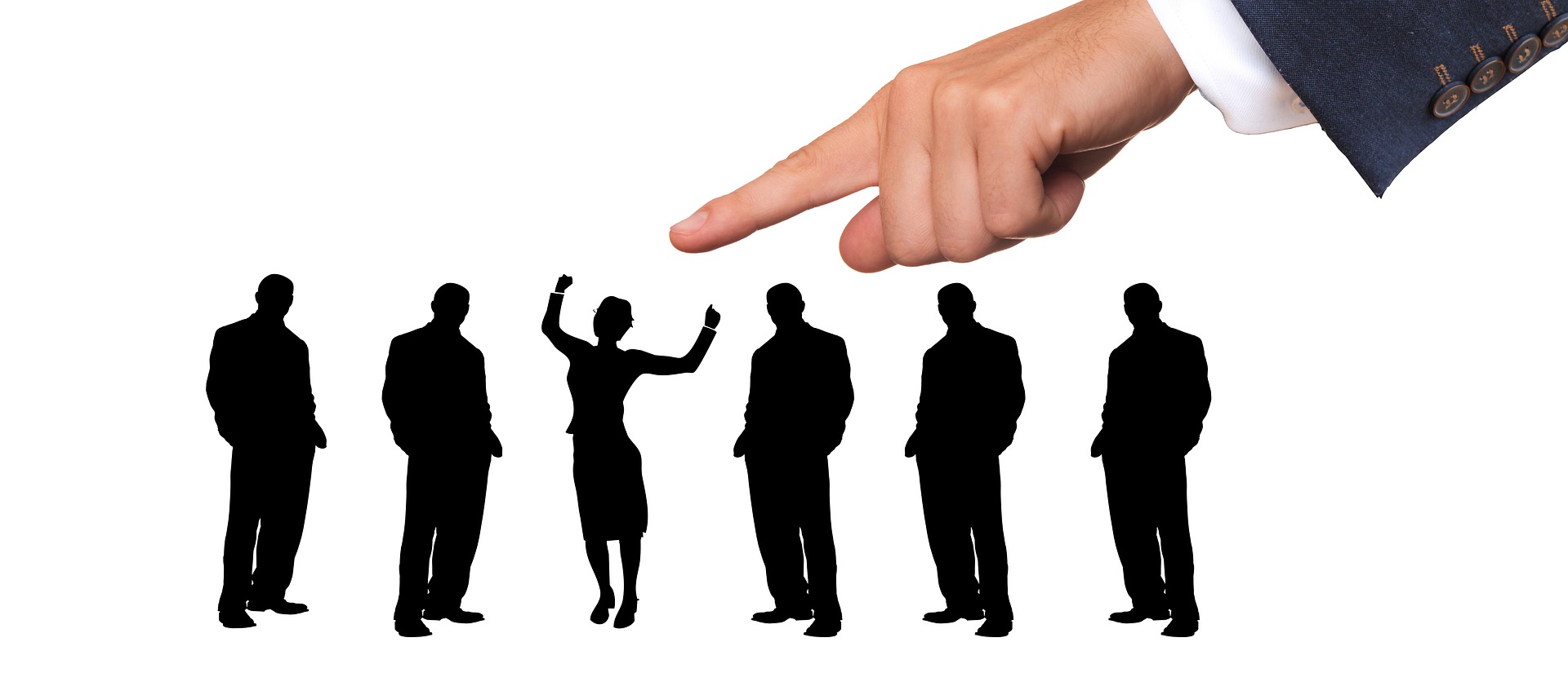 Finger pointing at a woman silhouette in a line of male silhouettes