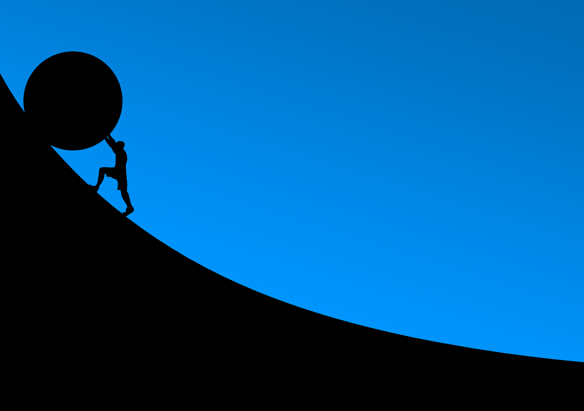 A man pushing a ball up a hill with a blue background