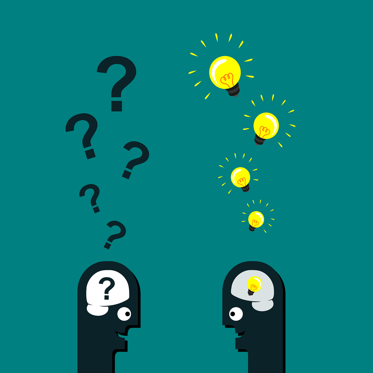 Two people looking at eachother one with question marks floating above and one with lightbulbs