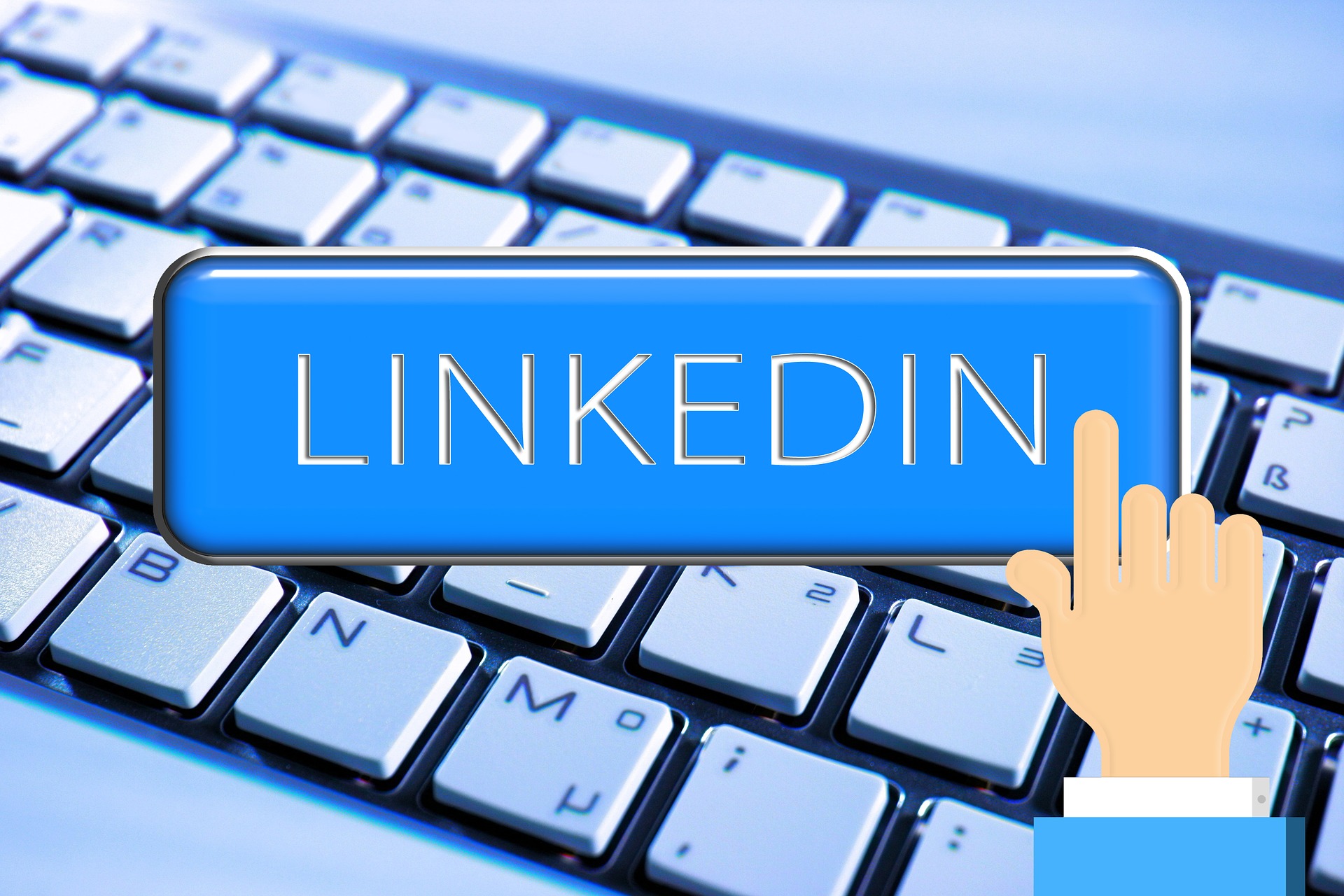 A finger pointing cursor overlaid on a blue LinkedIn button