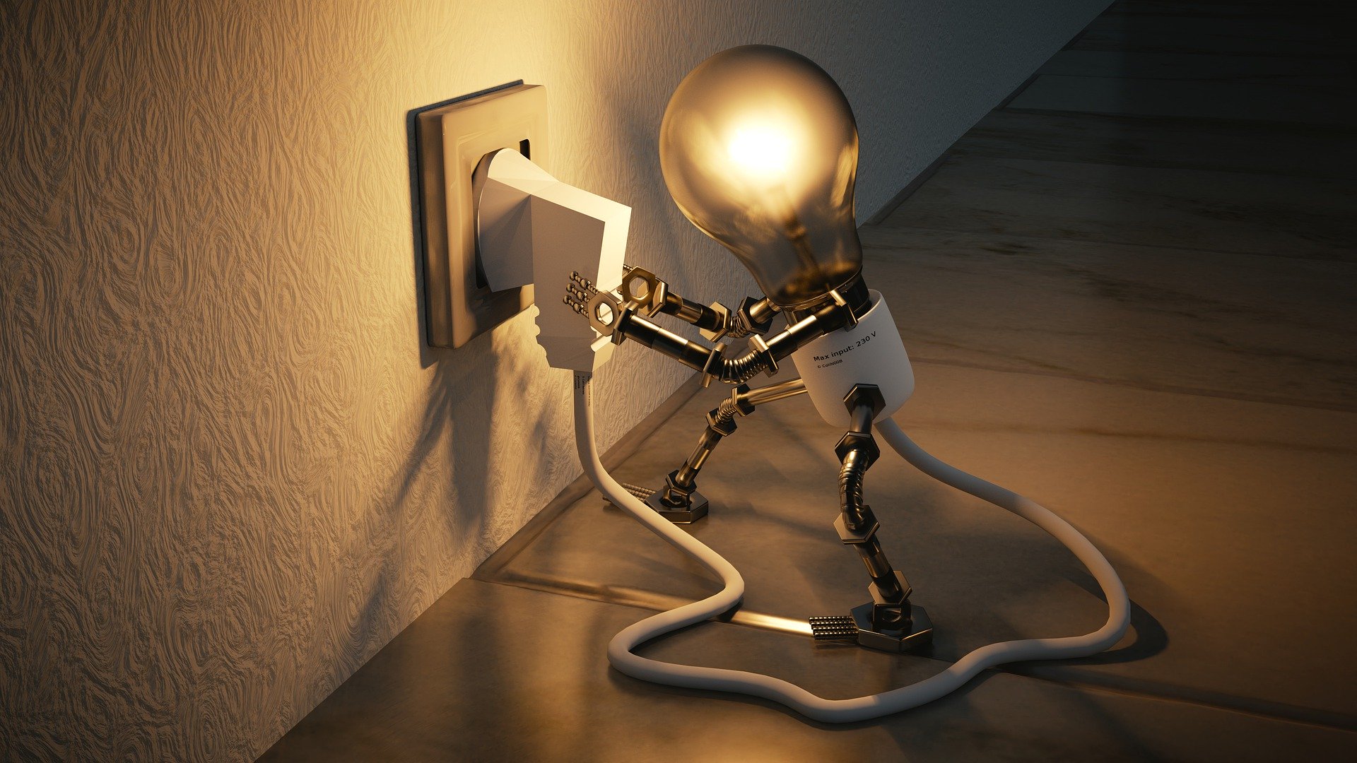 A lightbulb with arms and legs fixing an outlet