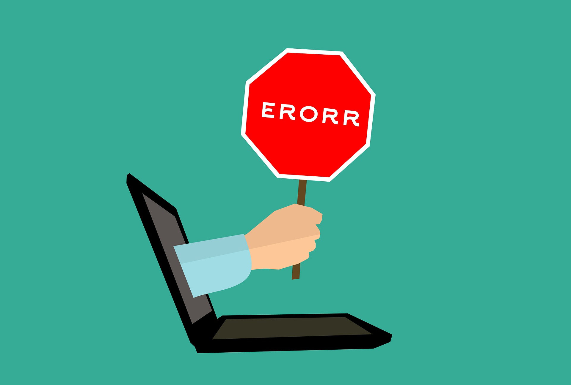 A hand holding a stop sign with "Error" on it that is coming out of a laptop screen