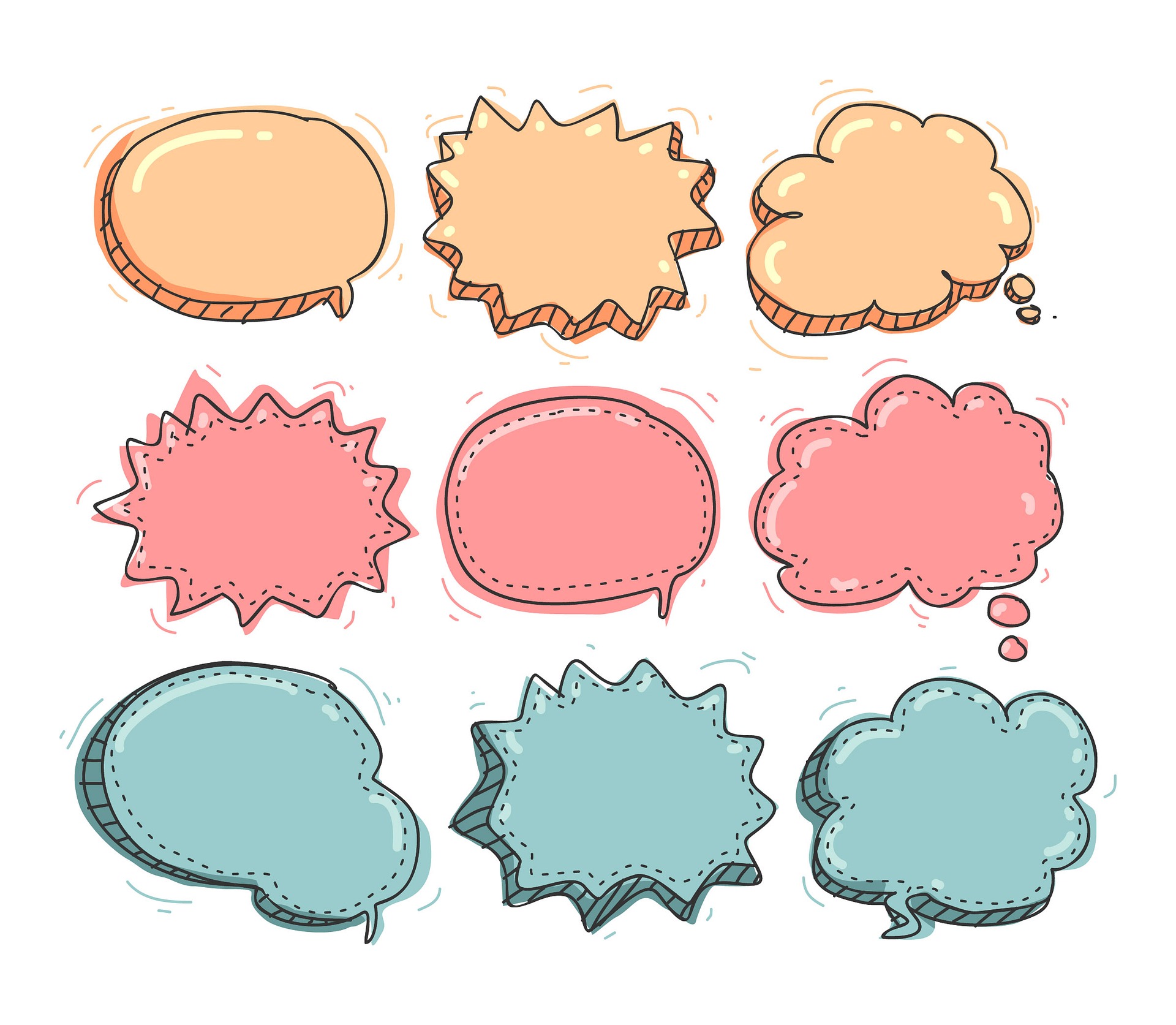 9 different conversation bubbles in different shapes and sizes.