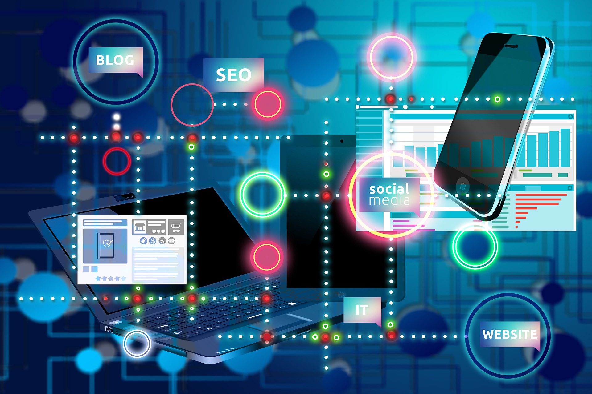 A web of dotted lines connecting different marketing elements.