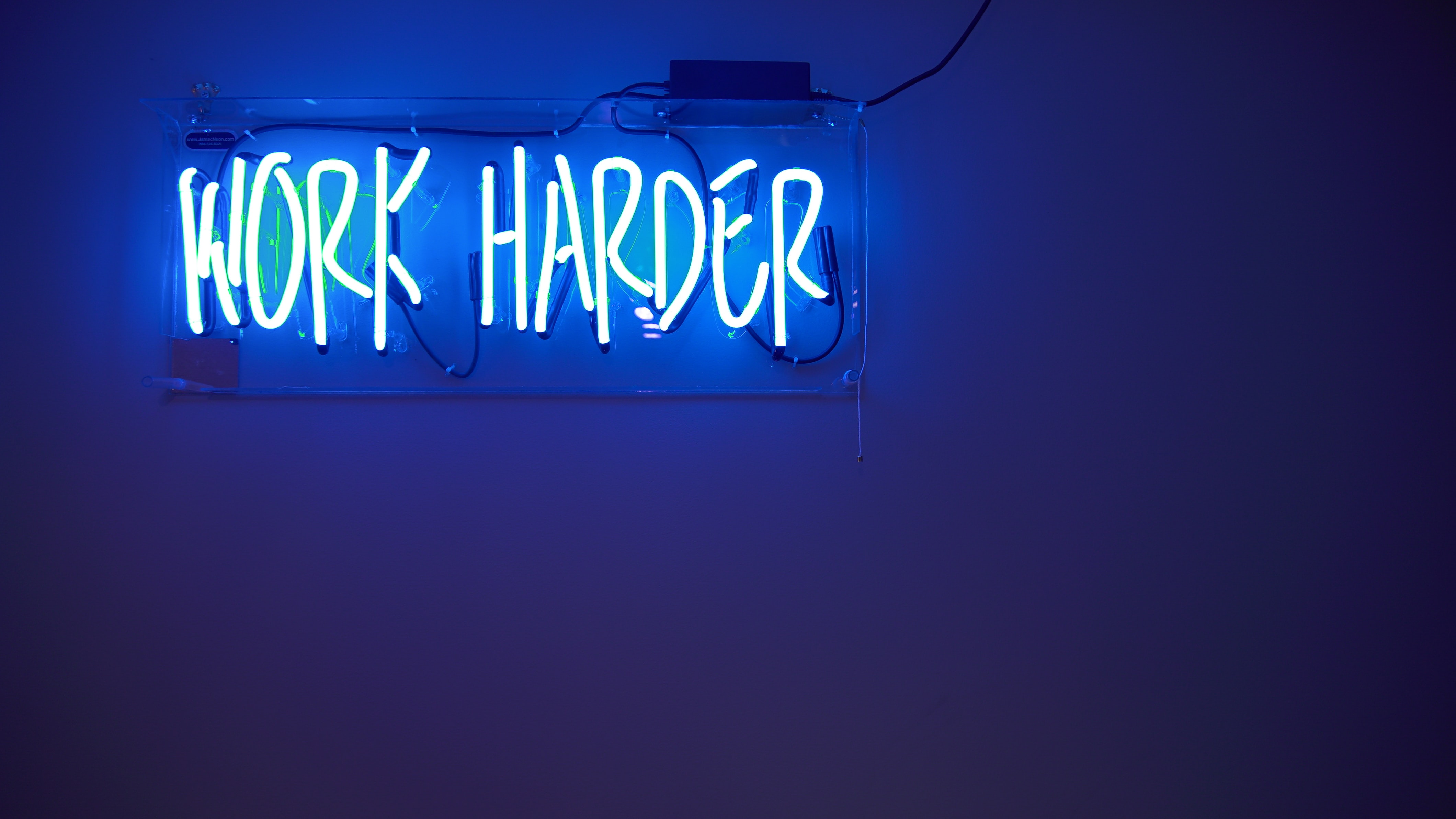 A blue neon sign reads “work harder”