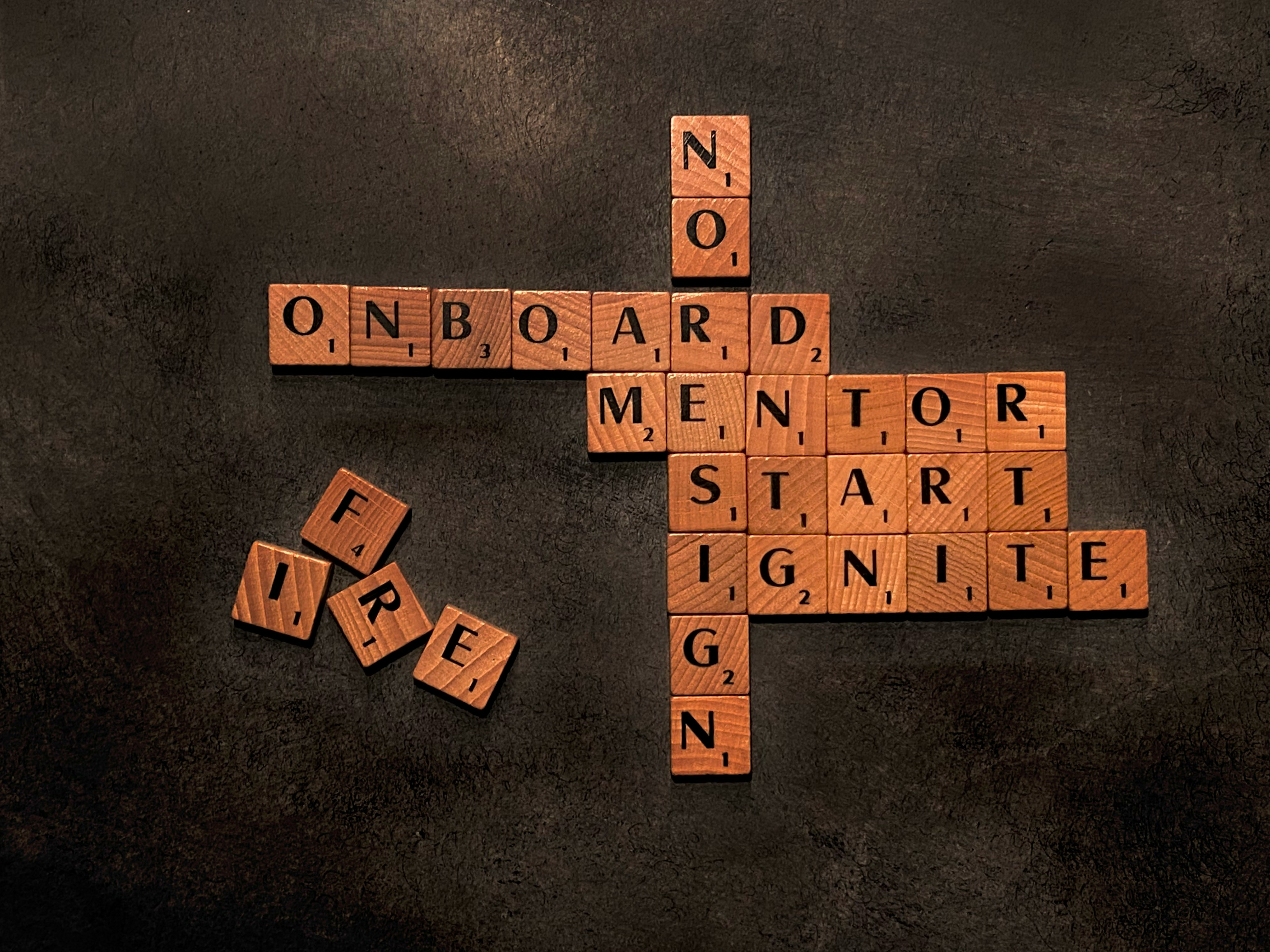 Letter tiles spell out different words associated with onboarding