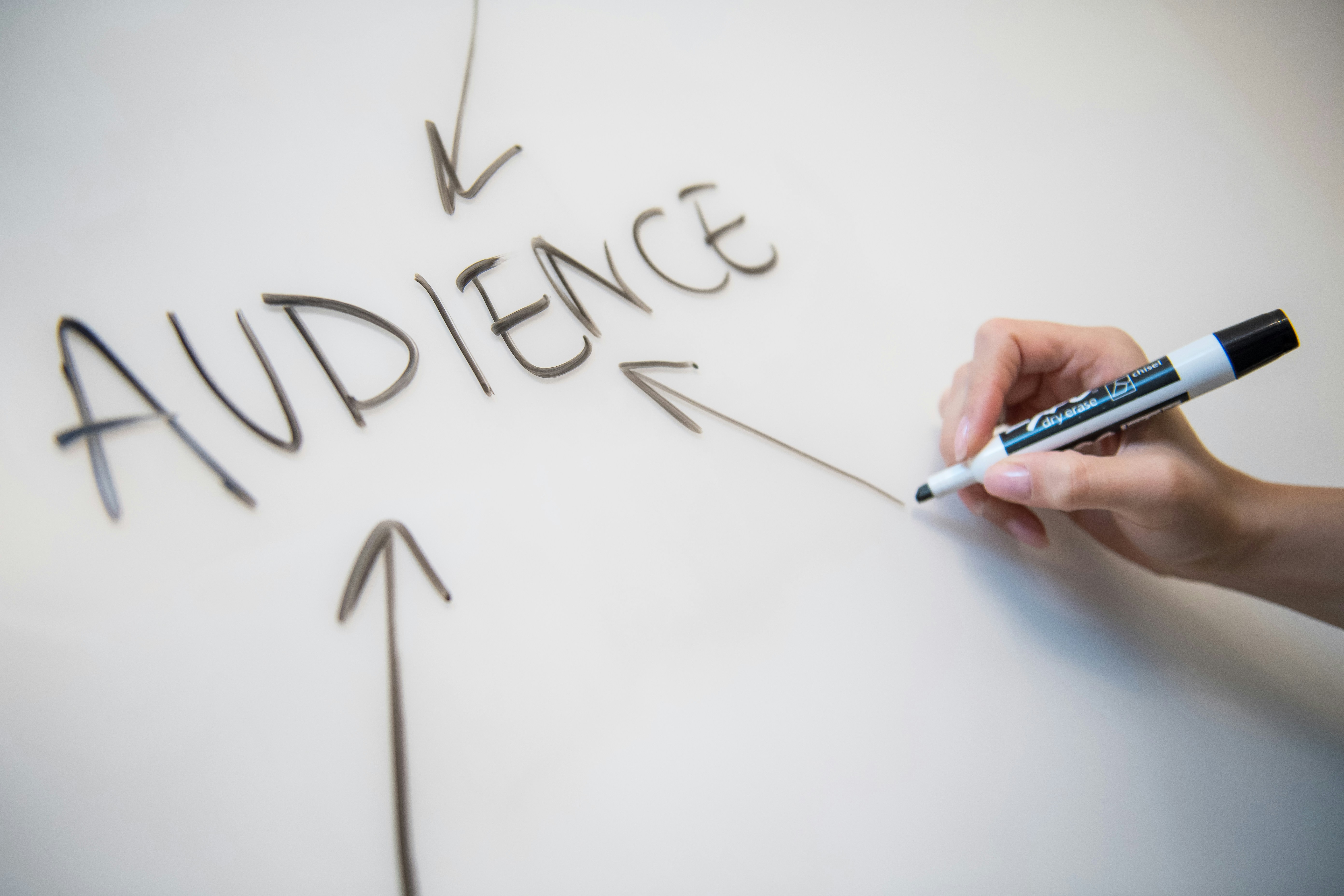 Three drawn arrows pointing to the word audience on a whiteboard.