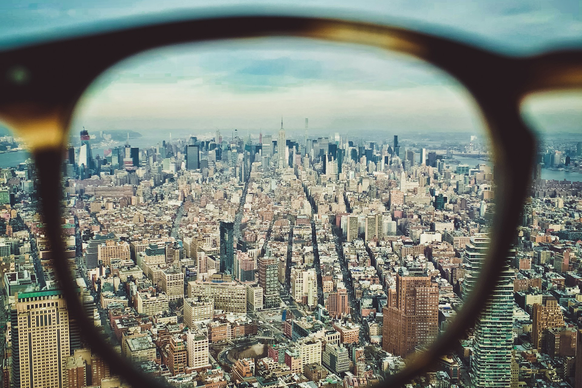 City buildings on eyeglass view.
