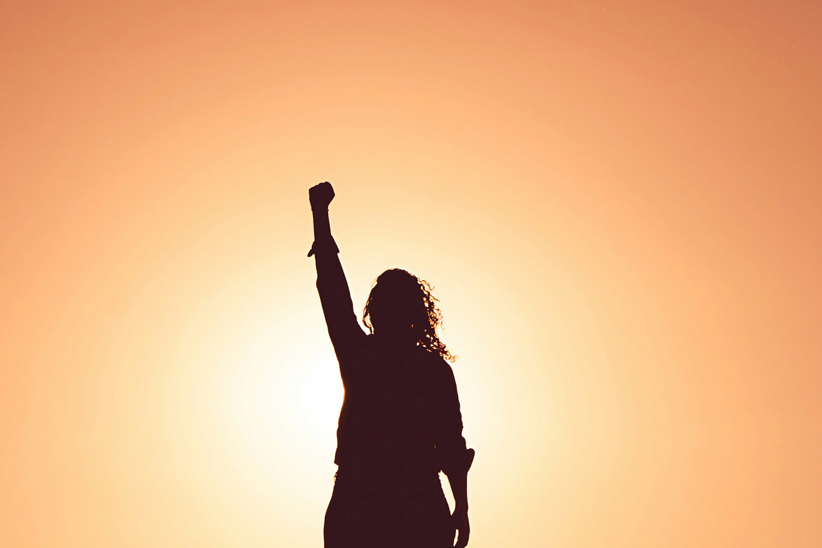 Silhouette of a woman holding her fist up.