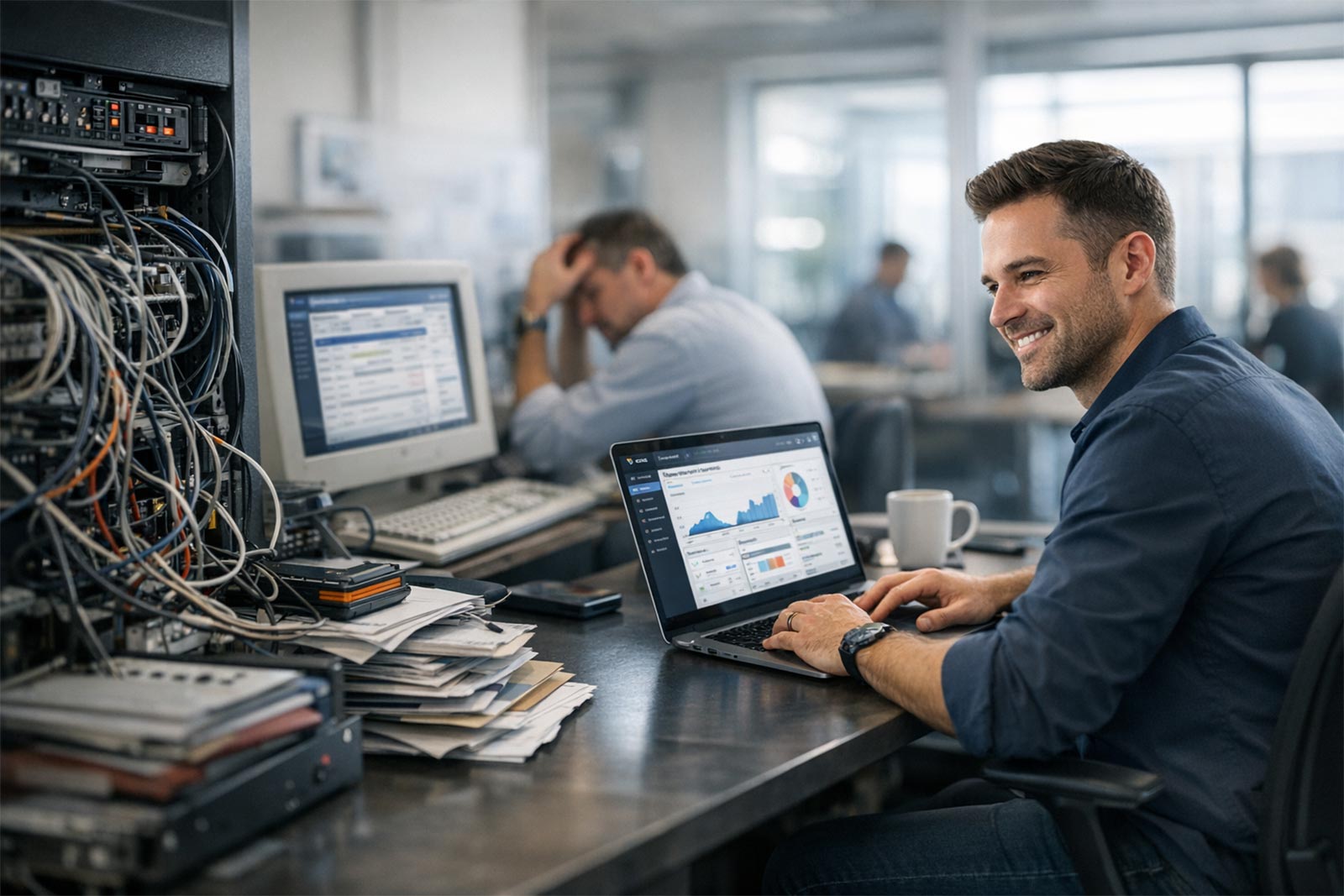 Smiling man works on laptop with data dashboards while another man looks stressed at a cluttered desk in a tech office.