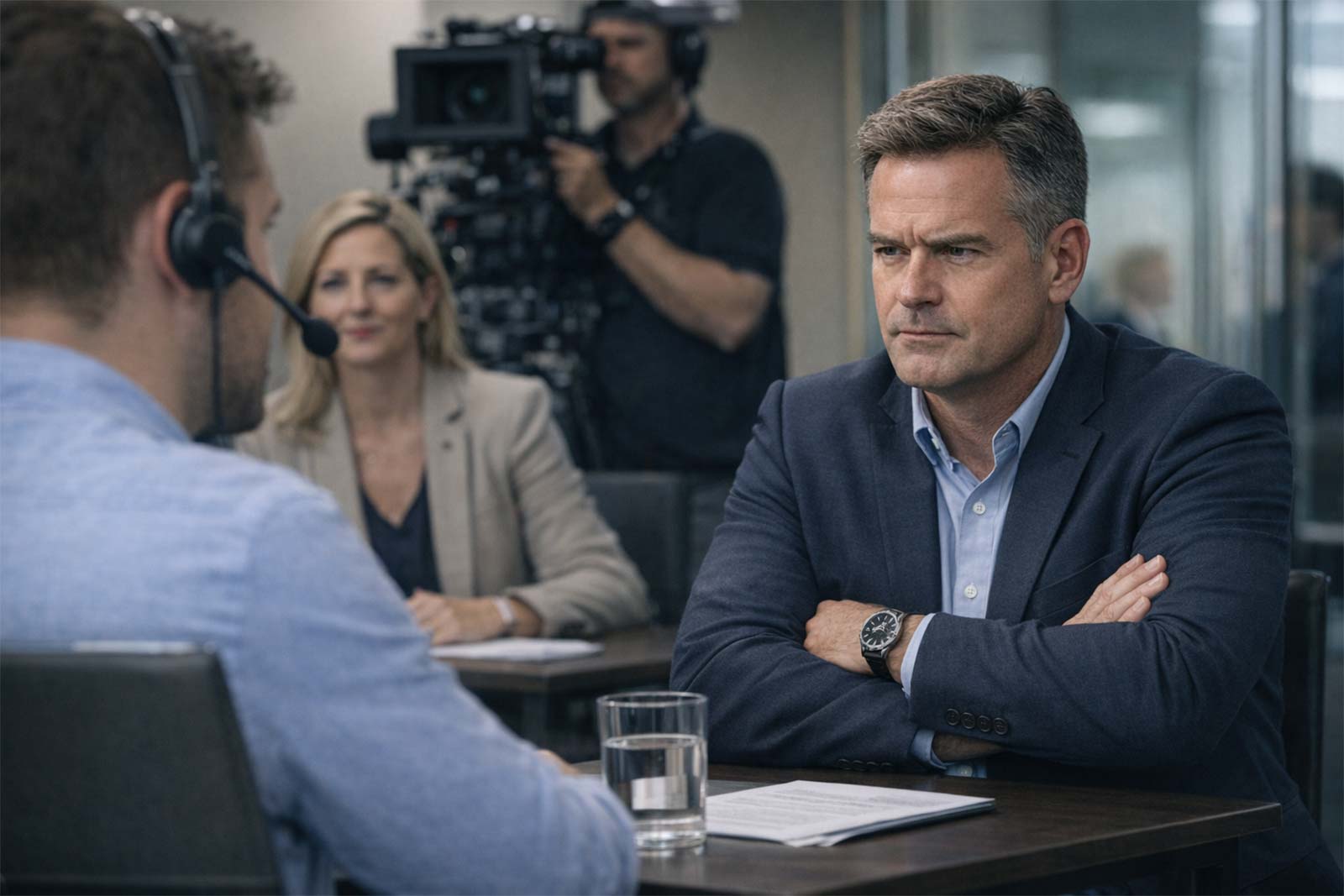 Interview scene with two men in discussion, a camera operator filming, and colleagues observing in a professional office
