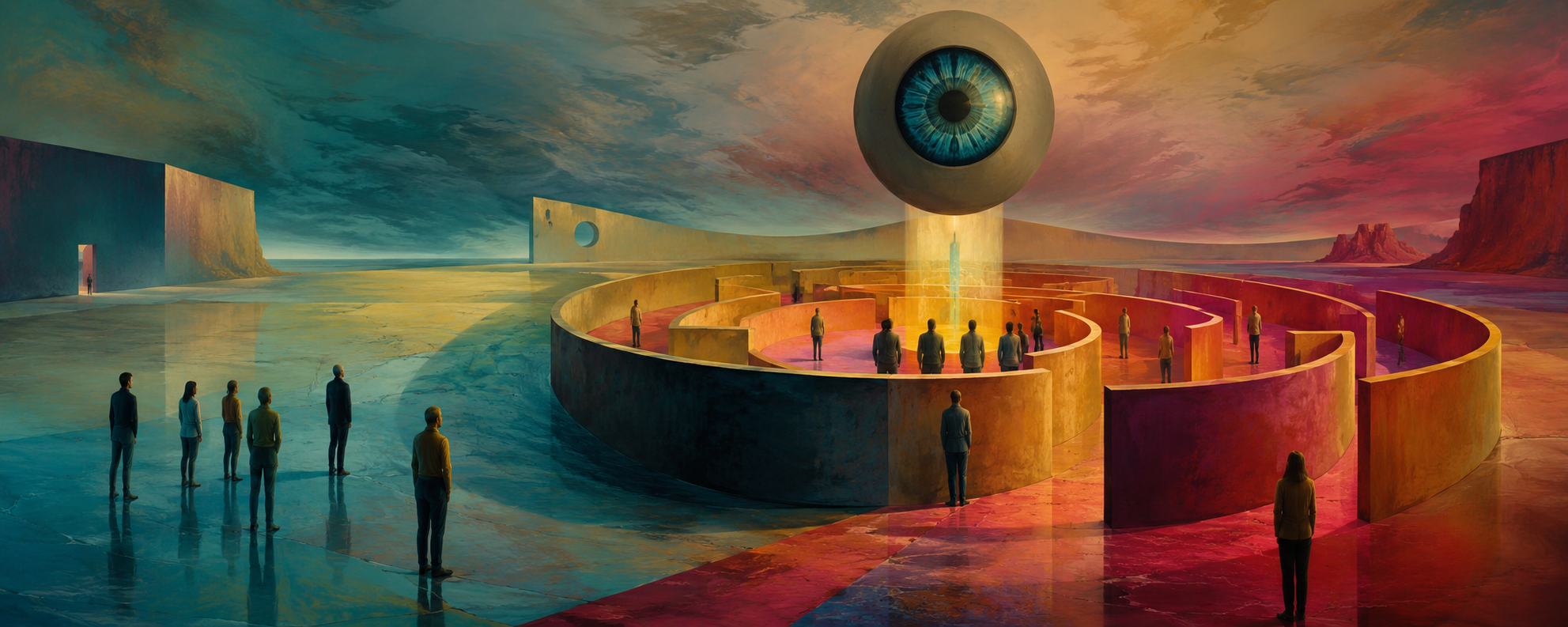 Surreal painting of people standing around a circular labyrinth with a giant floating eye above, symbolizing awareness and introspection