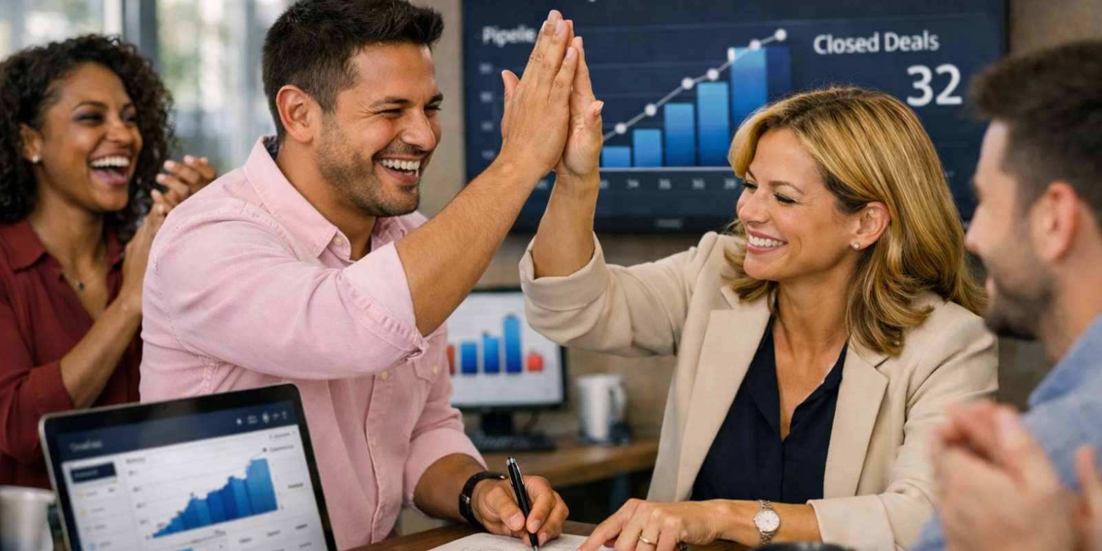Team celebrating in an office as a screen shows sales up 150 percent and 32 closed deals with rising bar charts