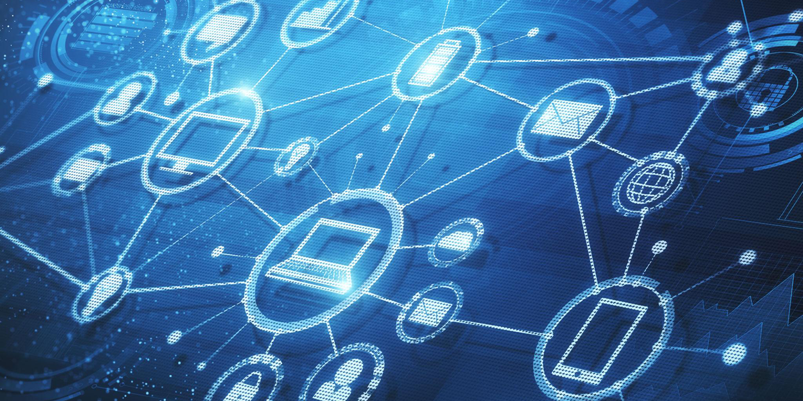 Blue digital illustration showing interconnected devices and icons representing global communication and data networks
