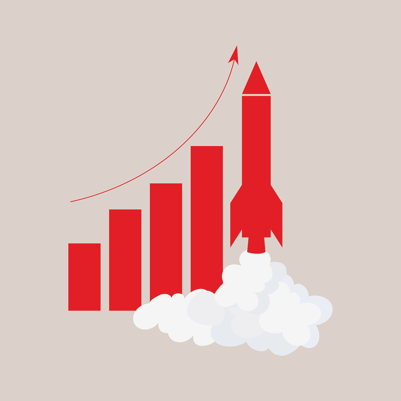 A bar graph showing growth with a red rocket shooting upwards. 