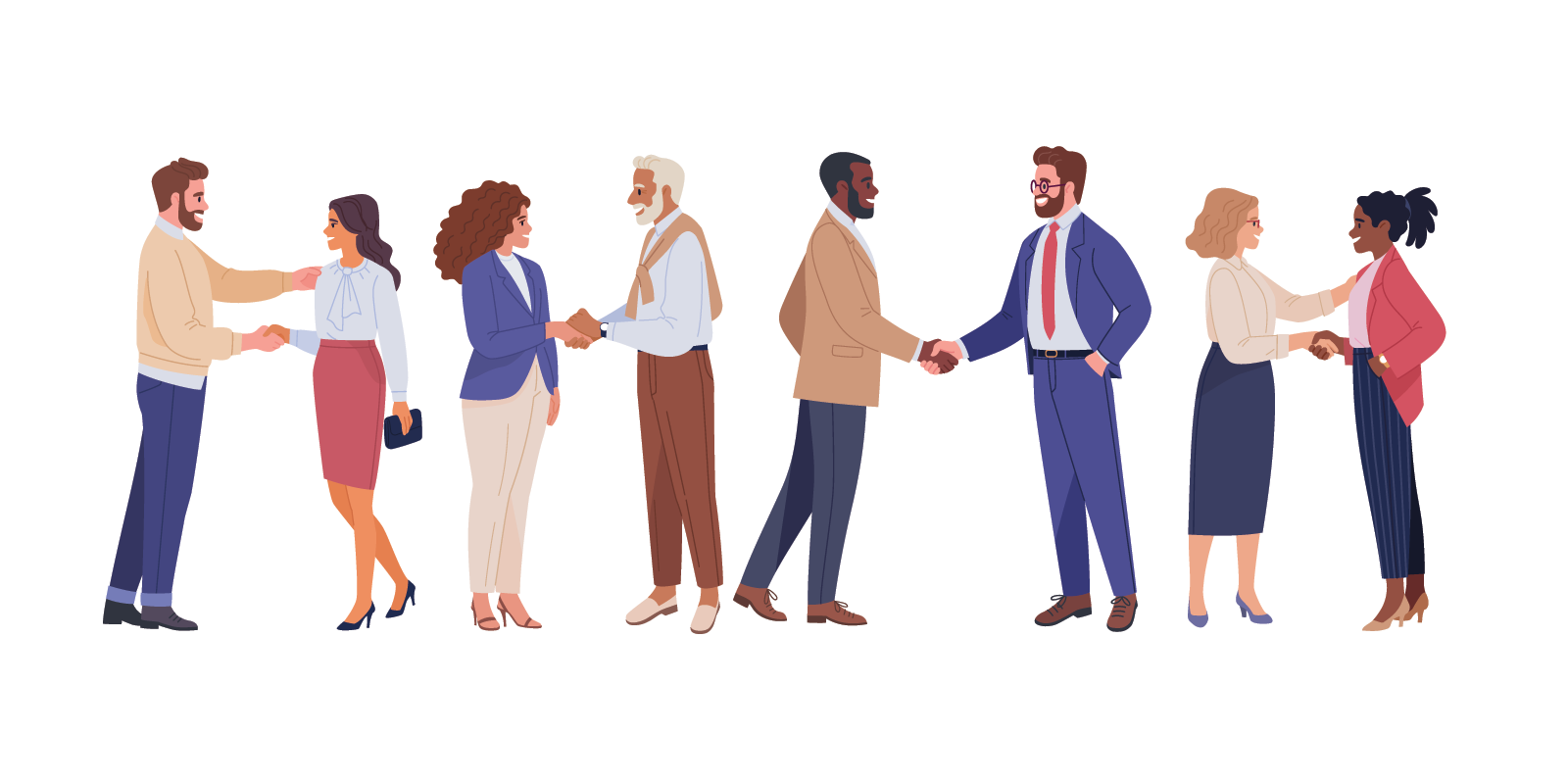Eight men and women shake hands and smile at each other