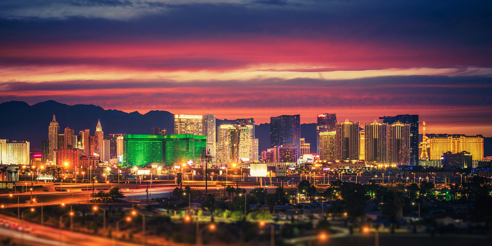 The skyline of Las Vegas during sunset.